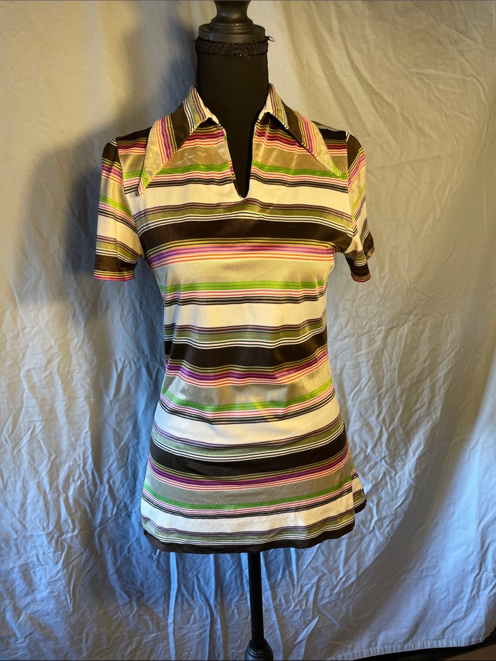 Vintage Short-Sleeve Striped Polo Tee in Green, Pink & Brown